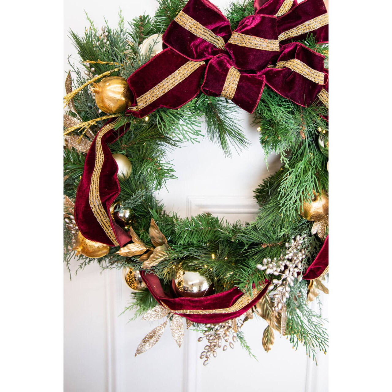 30” Cordless Prelit Crimson & Gold Holiday Wreath Festive & Elegant Christmas Decor